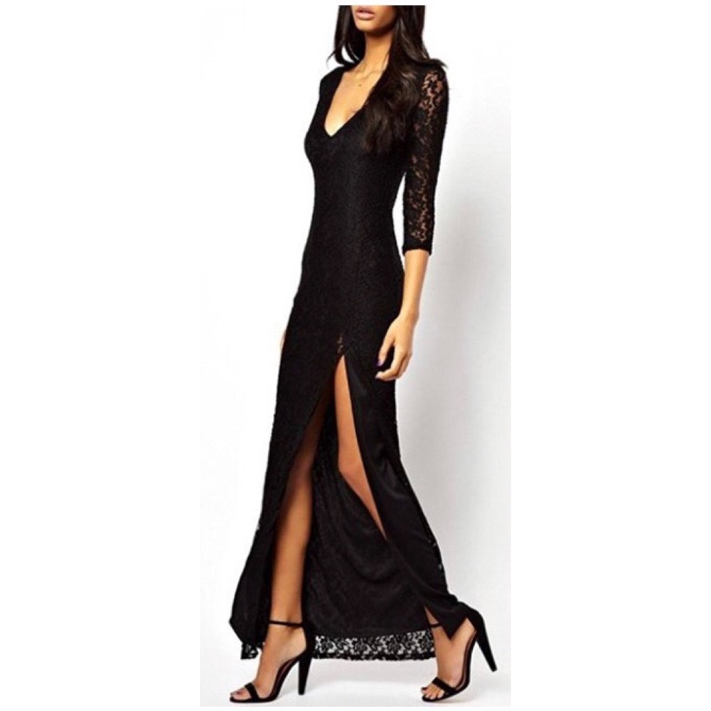 Sexy black deep v neck lace arms dress